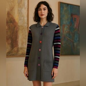 Bob Mackie Wearable Art Longline Cardigan Sweater Dress L Gray Artsy Colorful